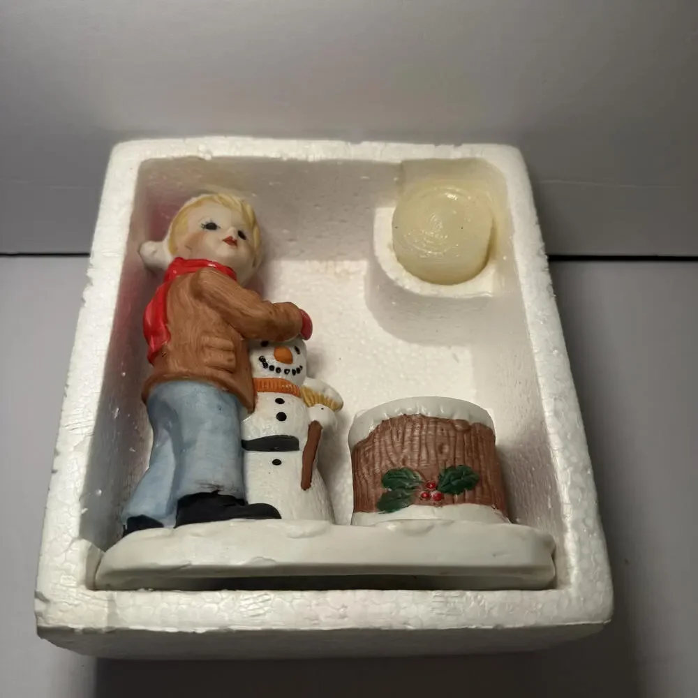 VINTAGE 1980 Holiday Christmas Bisque‎ Kids Snow Friends Candle Holder #1913